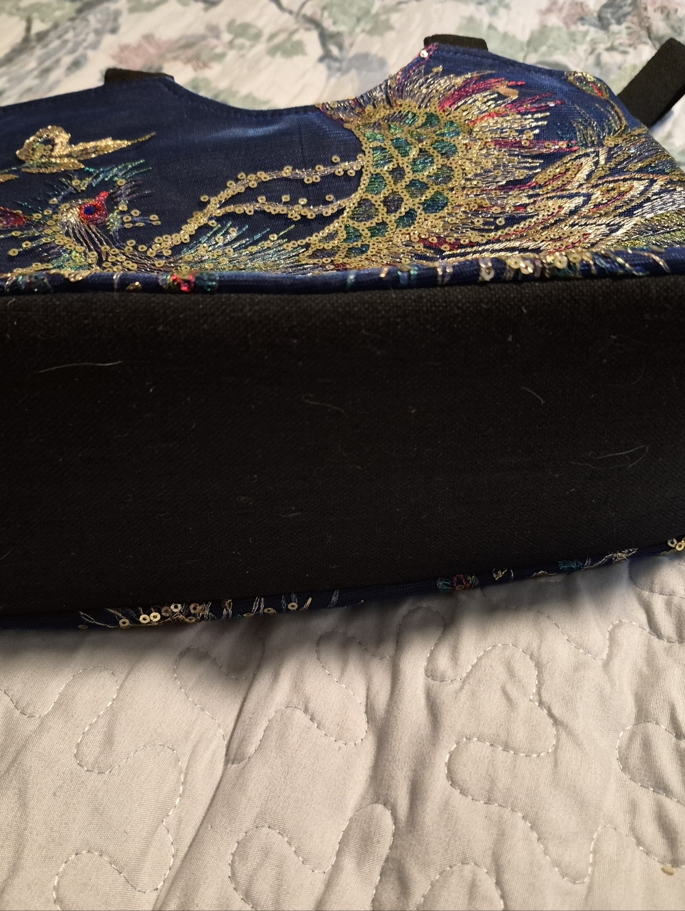 "Ella And Elly" Dark Blue Peacock Sequined Embroidered Tote Shoulder Bag - Picture 12 of 12